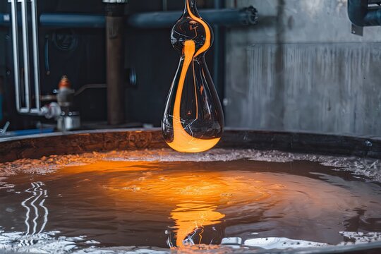 Liquid Molten Glass Being Dipped in Water, Glowing Orange, Industrial Workshop Setting, Dark and Moody Tone, Artisanal Craftsmanship