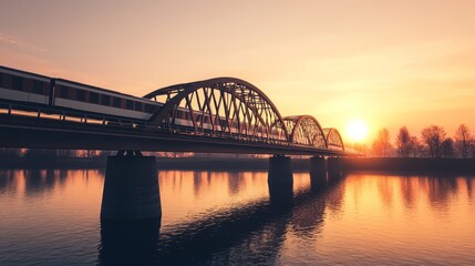 Fototapeta premium Sleek Modern Train Crossing a Scenic Bridge at Sunset