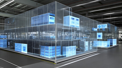 High-tech warehouse automation system modern facility digital infrastructure indoor space aerial view innovation in logistics