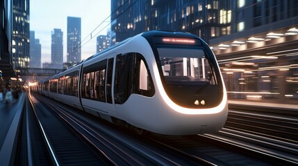 Fototapeta premium Modern Train Traveling Through Urban Landscape at Dusk