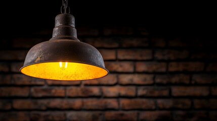 Obraz premium Rustic metal pendant lamp hanging against a brick wall.