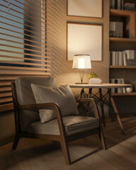 A minimalist armchair and table sit in a cozy contemporary room, illuminated by a lamp on the table.