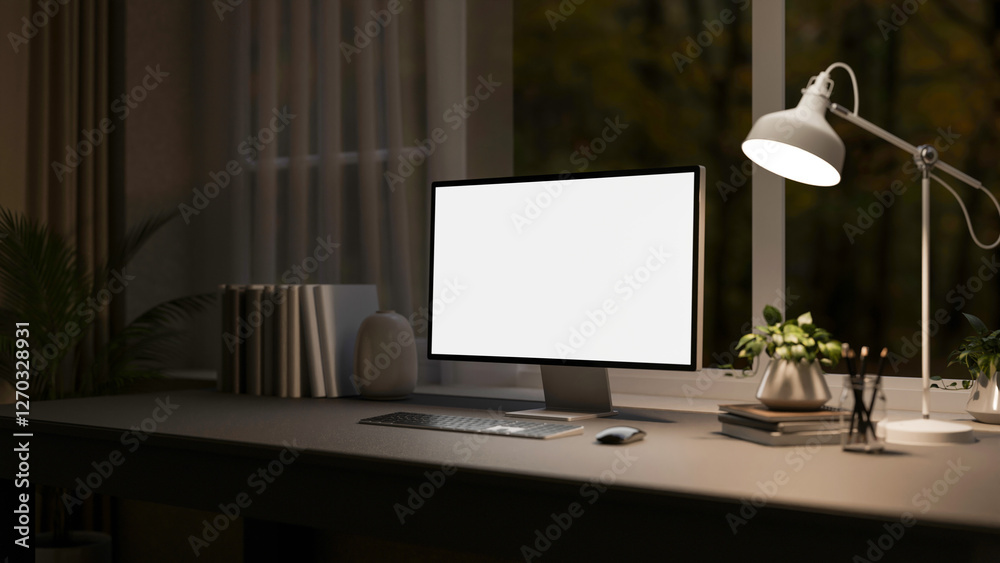 Wall mural a computer with a white screen mockup sits on a black desk in a dark room at night.