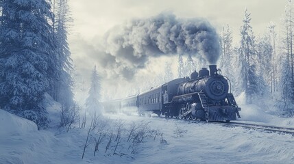 Fototapeta premium Winter Train Adventure Through Frozen Landscape in Atmospheric Scene