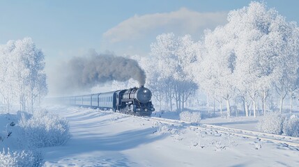 Vintage Train Riding Through Winter Landscape with Frozen Scenery