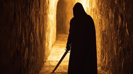 Cloaked Figure Standing in Dimly Lit Passageway with Sword
