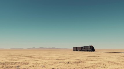 Lone Train Traveling Through Vast Desert Landscape Under Clear Sky
