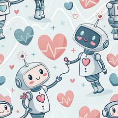 Cute robots with hearts and medical symbols in seamless pattern seamless pattern