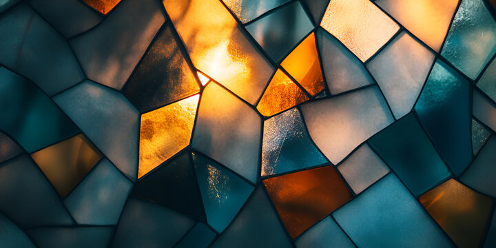Abstract Stained Glass Mosaic: An artistic close-up of a mosaic composed of stained glass, featuring geometric patterns and a spectrum of colors, evokes a sense of artistry and visual interest.