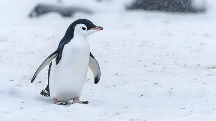 Obraz premium Solo Penguin Walking on Snowy Landscape in Wintery Environment