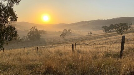 Obraz premium Serene sunset over rolling hills, with golden grass and silhouetted trees in the background