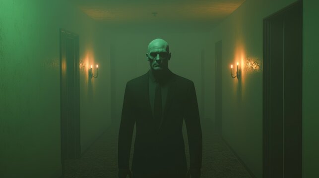 Pale Faced Antagonist Walking in Foggy, Dimly Lit Hallway