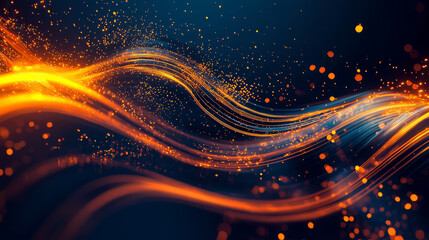 Abstract background with glowing orange lines and light effects on a dark blue surface, generative AI