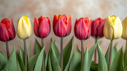 Naklejka premium Colorful Tulips in Bloom against a Soft Pastel Background