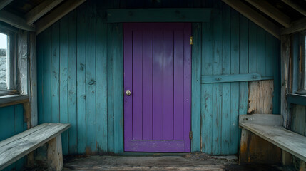Colorful Wooden Interior with Purple Door and Rustic Walls