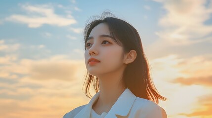 Young Woman in White Jacket Against Beautiful Sunset Sky