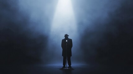 Fototapeta premium Vintage Leader Standing Under Spotlight in Dark Atmosphere