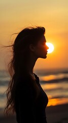 Young Woman Silhouette Strolling by the Seaside at Sunset