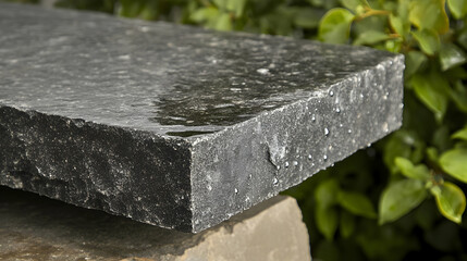 Wet dark grey paving stone, garden backdrop