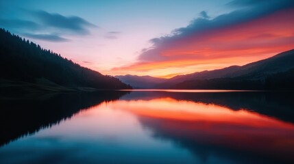 Fototapeta premium Serene sunset reflection over a tranquil mountain lake