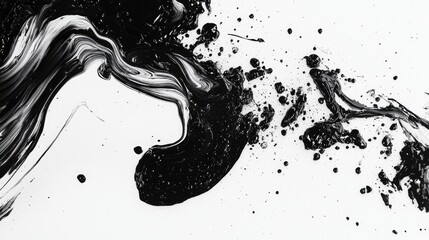 Abstract black and white paint swirl with splashes, creating a dynamic visual effect
