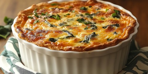 Delicious Spinach Quiche in Baking Dish Ready to Serve for Brunch