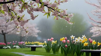 Obraz premium A serene spring rain shower falls gently upon a lush and vibrant garden, where an array of colorful flowers are in full bloom, their delicate petals swaying softly in the breeze, including vibrant tul