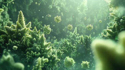A rainforest absorbing carbon dioxide, illustrated with digital effects showing air purification.