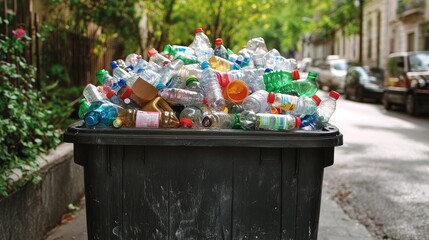 A recycling bin overflowing with plastic bottles, showing the need for waste reduction.