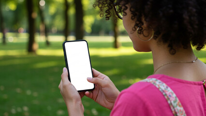 A woman engaged with her smartphone. The phone's screen is blank, ideal for creating graphic displays for networking service presentations
