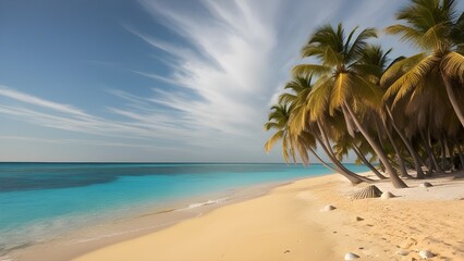 Obraz premium A serene and secluded beach scene set against a cloudless sky with a few wispy clouds, featuring crystal-clear turquoise waters that gently lap against the golden sand, lined with a cluster of slender