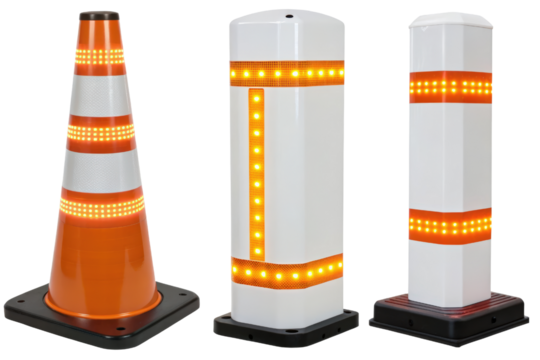 LED traffic safety cones and bollards isolated with transparent background