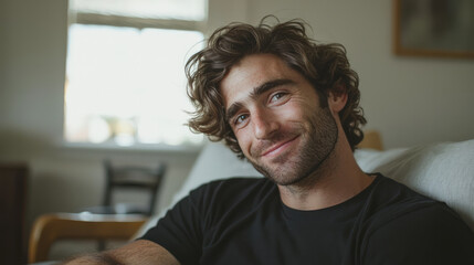 Obraz premium A happy man sitting on a couch at home, looking to the side and smiling in living room with a window, generative AI