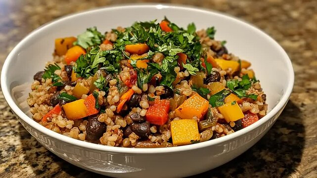 A bowl of bulgur wheat salad with vegetables and fresh herbs.