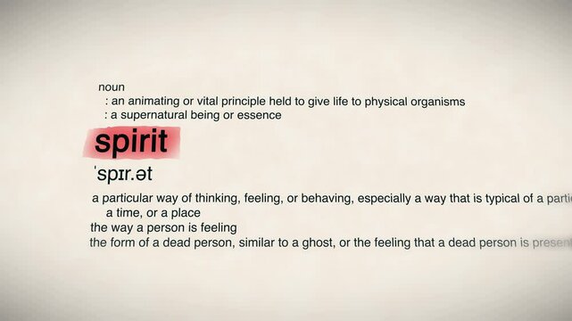 The word "Spirit" in a dictionary animation, showcasing its meaning and significance
