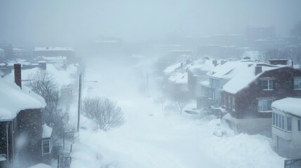 Fototapeta premium A severe blizzard covering a city in thick snow, low visibility conditions.