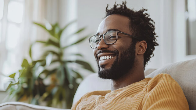 A happy man sitting on a couch at home, looking to the side and smiling in living room with a window, generative AI