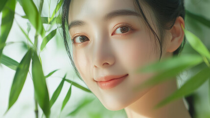 Naklejka premium Close up of the beautiful face, natural lighting, surrounded by green plants and bamboo leaves, generative AI