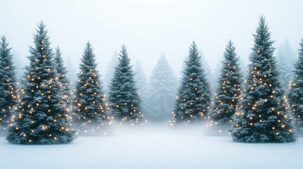 Obraz premium Holiday misty concept. A serene winter scene of snow-covered trees adorned with twinkling lights, creating a magical holiday atmosphere.