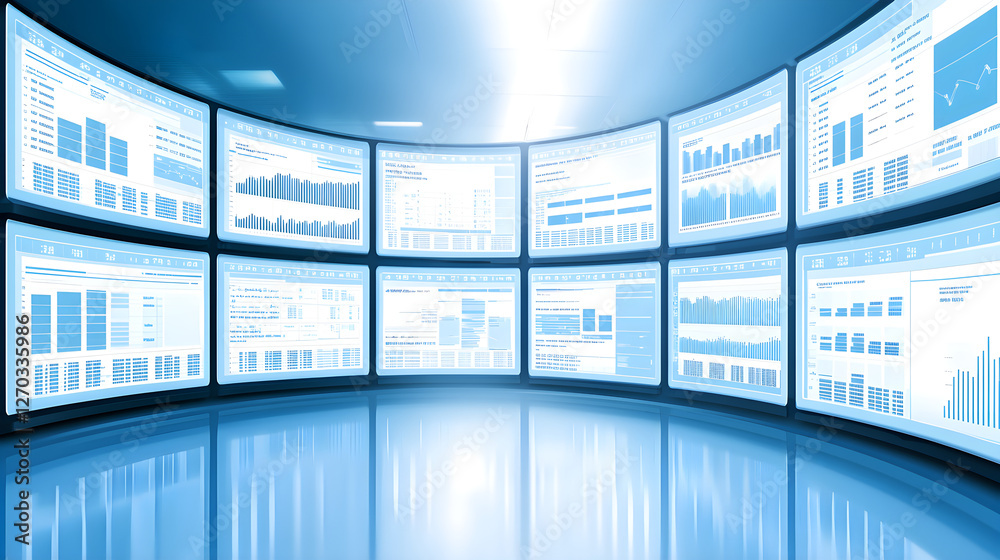Poster data analysis event featuring advanced data visualizations business office digital dashboards modern