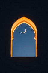 Crescent Moon Seen Through Arched Window with Islamic Design