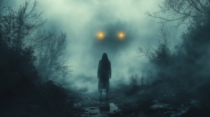 Obraz premium Shadows of the Enigma: A solitary figure navigates a mysterious, misty path, their journey illuminated by an ominous presence in the fog; a blend of suspense and supernatural allure.