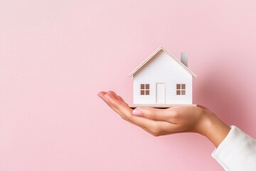 Home loan estate investment concept. A hand holds a miniature white house against a soft pink background, symbolizing home ownership and real estate concepts.
