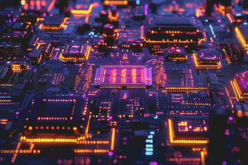 Obraz premium Computer motherboard illuminated with purple and orange lights showcasing intricate circuitry and components