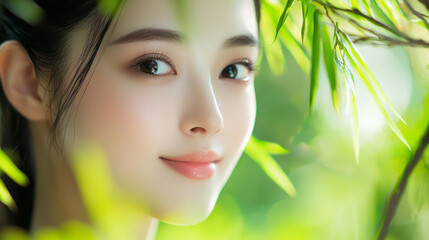 Fototapeta premium Close up of the beautiful face, natural lighting, surrounded by green plants and bamboo leaves, generative AI