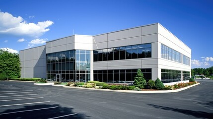 Modern office building with large glass windows surrounded by landscaped greenery on a sunny day