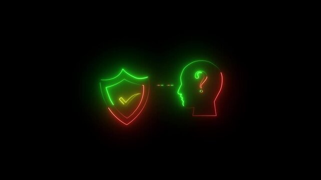 Glowing neon line Human head with question mark icon and apple icon in tik mark isolated on black background.4k video animation.
