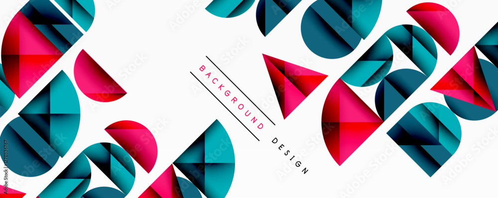 Poster Abstract geometric background with layered gradient shapes forming dynamic patterns. Overlapping semi circles and triangles create depth and contrast