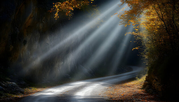 Magical autumn scene sunbeams illuminate a winding road through a dark, mysterious forest, with fallen leaves and rock walls.
