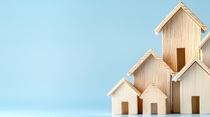 Home loan estate investment concept. Wooden houses of varying sizes arranged in a pleasing formation against a light blue background.